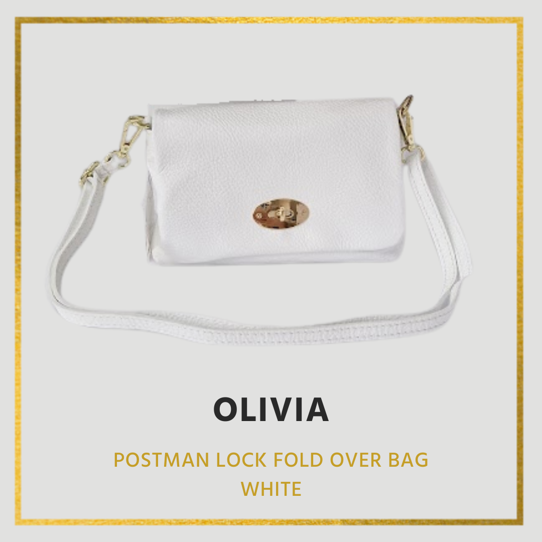 Olivia Leather Handbag, Flap over with postman lock detail