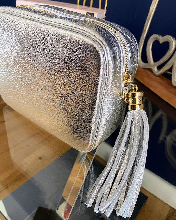 Hot Silver Leather Cross-Body Tassel Camera Bag